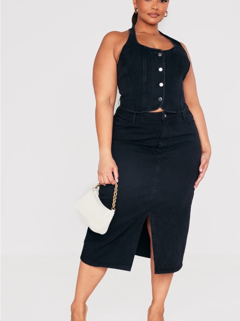 Black Denim Button Halter Corset Top- size 24